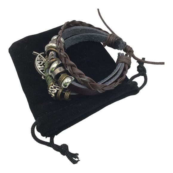 Jesus ICHTHUS Fish Charm Leather Adjustable Bracelet Set Boho Stack 6.5–7.5 in - Picture 11 of 15